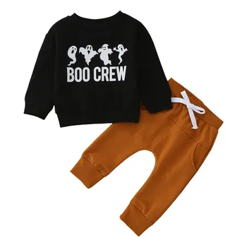 Блузи с дълъг ръкав и принтом Хелоуин за малки момчета, обикновена панталони, ежедневни спортни облекла от две части за момичета от 4 години, Облекло и копчета за деца