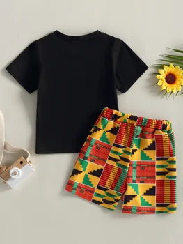 Комплект от тениска с къси ръкави и шорти с етнически принтом за момчета в африканския стил Анкара Дашики - 2 бр.