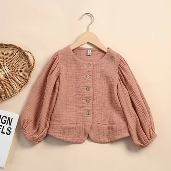 Есен нова работа-розова риза в ретро стил за момичета, 100% памук, Детски Ежедневни Свободни ризи-жилетки с дълъг ръкав и копчета, с предните джобове