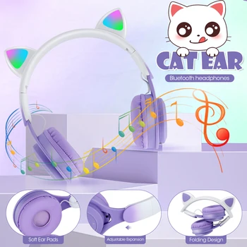 Детски Безжични слушалки с микрофон, стереозвук с силата на звука 85 db слушалки с кошачьими уши, led осветление, сгъваеми слушалки в ушите
